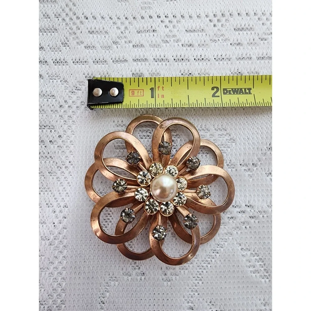 Vintage Mid Century Flower Brooch Smoky Glass Rhinestone Pearl Art Deco Mod